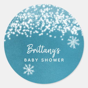 Sticker Rond Baby shower d'hiver Snowflake Blue