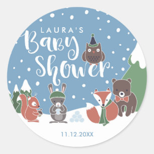 Sticker Rond Baby shower d'hiver sur les animaux des bois