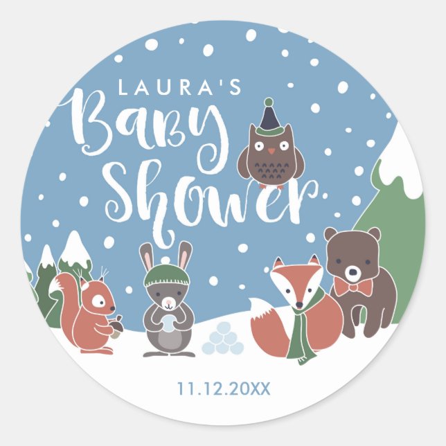 Sticker Rond Baby shower d'hiver sur les animaux des bois (Devant)