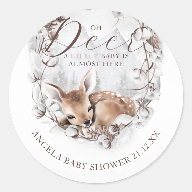 Sticker Rond Baby shower d'hiver Woodland Oh Deer (Devant)