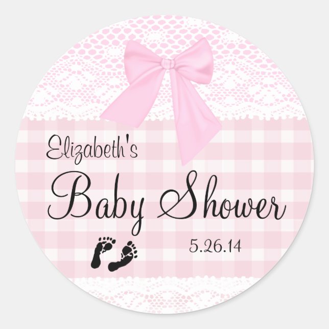 Sticker Rond Baby shower d'images en En vichy rose et dentelle (Devant)