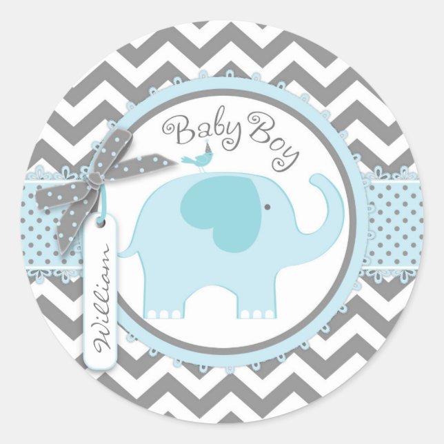 Sticker Rond Baby shower d'impression Blue Elephant et Chevron (Devant)