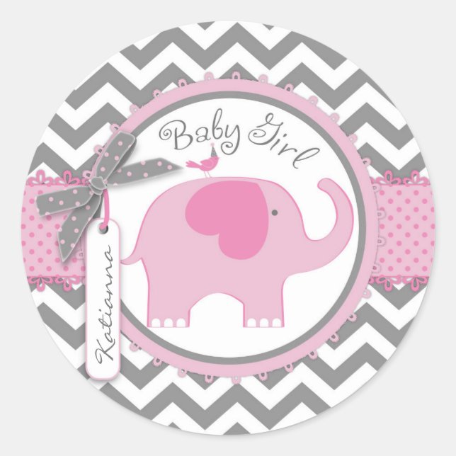 Sticker Rond Baby shower d'impression Pink Elephant et Chevron (Devant)