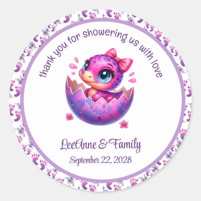 Sticker Rond baby shower Dinosaur "Hatching Bientôt" (Devant)