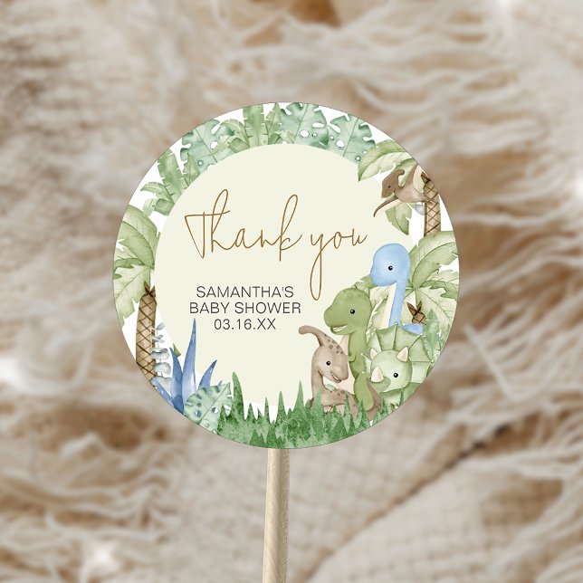 Sticker Rond Baby shower Dinosaur verdoyant (Greenery Dinosaur Baby Shower Sticker)