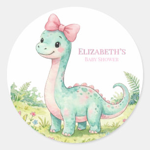 Sticker Rond Baby Shower Dinosaure Mignon Avec Nœud Rose