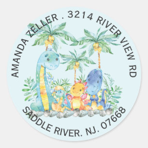 Sticker Rond Baby shower Dinosaures mignon Adresse de retour Ét