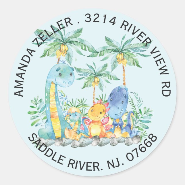 Sticker Rond Baby shower Dinosaures mignon Adresse de retour Ét (Devant)