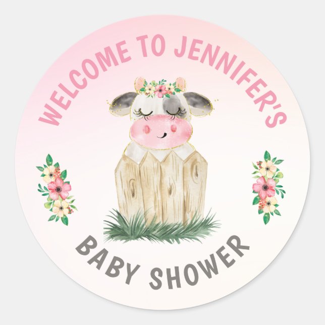 Sticker Rond Baby shower d'or rose Vache Cute personnalisé (Devant)