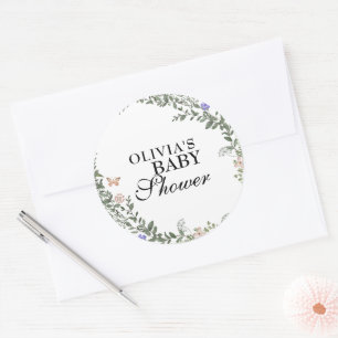 Sticker Rond Baby-Shower Douce Bohème Verte et Fleurs pour Bébé