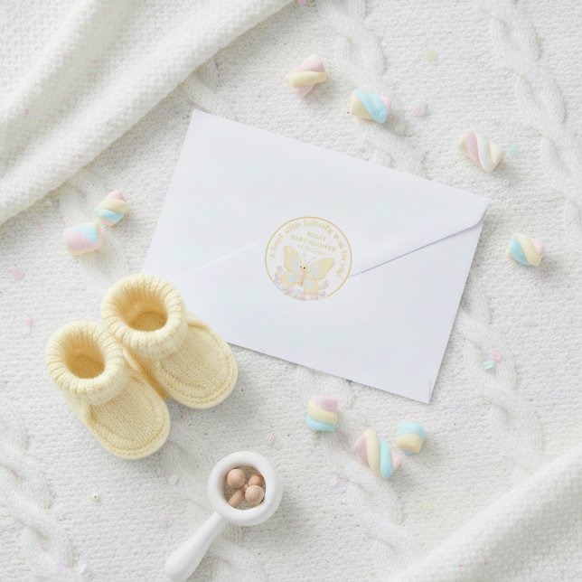 Sticker Rond Baby Shower Douce Papillon Jaune Marshmallow (Sweet Butterfly Yellow Marshmallow Baby Shower Classic Round Sticker)