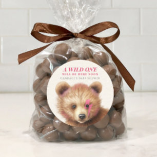 Sticker Rond Baby shower d'ours à cheveux rose sauvage