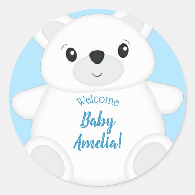 Sticker Rond Baby shower d'ours bleu polaire (Devant)