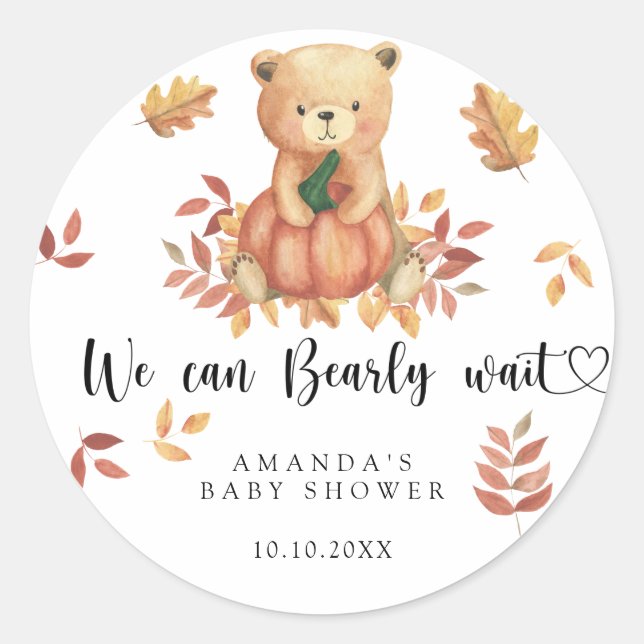 Sticker Rond Baby shower d'ours en peluche automnale (Devant)
