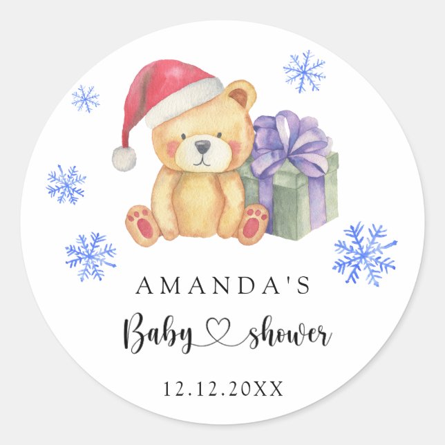 Sticker Rond Baby shower d'ours en peluche d'hiver (Devant)