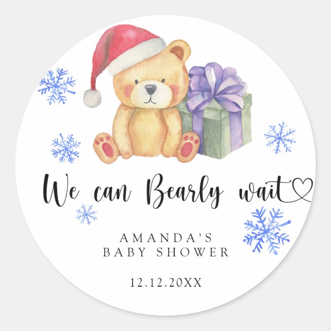 Sticker Rond Baby shower d'ours en peluche d'hiver (Devant)