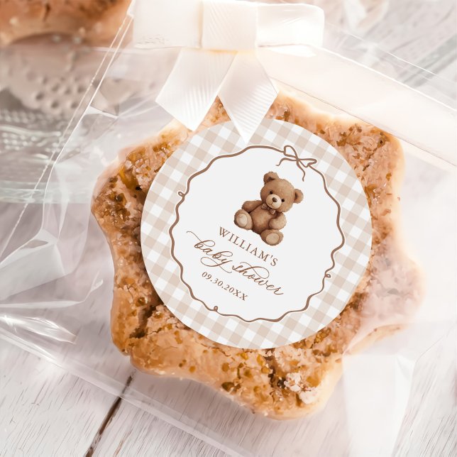 Sticker Rond Baby shower d'ours en peluche En vichy neutre (Créateur téléchargé)
