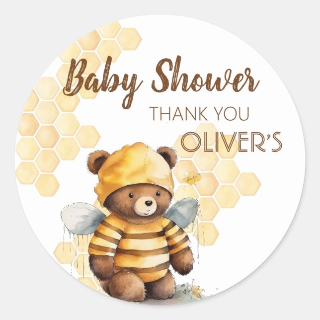 Sticker Rond Baby shower d'ours en peluche miel et brun (Devant)