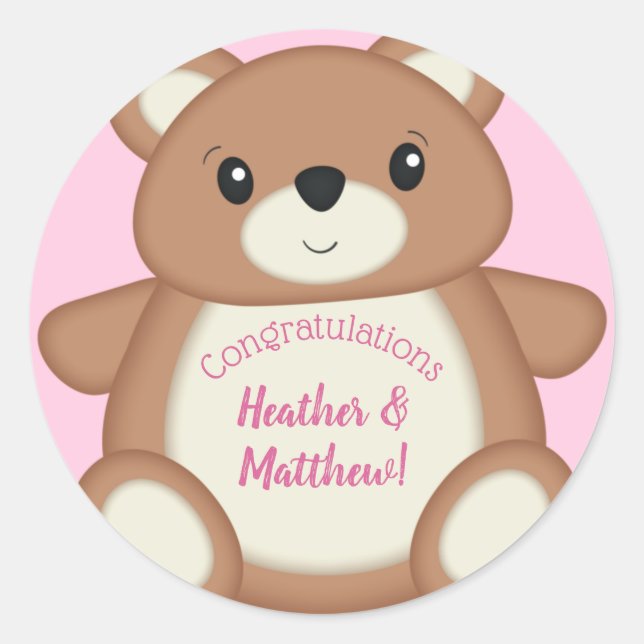 Sticker Rond Baby shower d'ours en peluche rose (Devant)