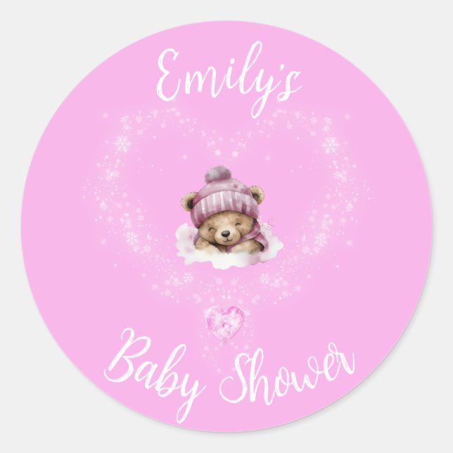 Sticker Rond Baby shower d'ours en peluche rose enneigé (Devant)
