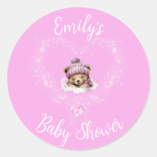 Sticker Rond Baby shower d'ours en peluche rose enneigé