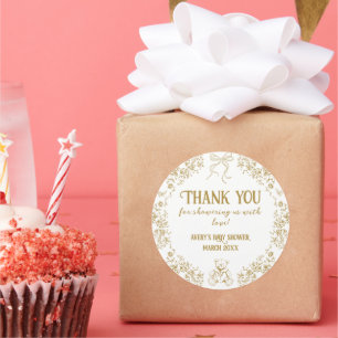 Sticker Rond Baby shower d'ours en peluche Vintage Gold Floral