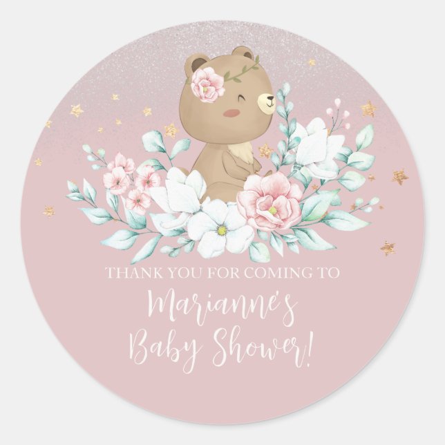 Sticker Rond Baby shower d'ours Parties scintillant florale bou (Devant)