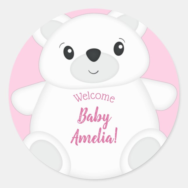 Sticker Rond Baby shower d'ours polaire rose (Devant)