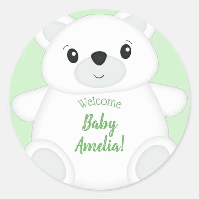 Sticker Rond Baby shower d'ours polaire vert (Devant)
