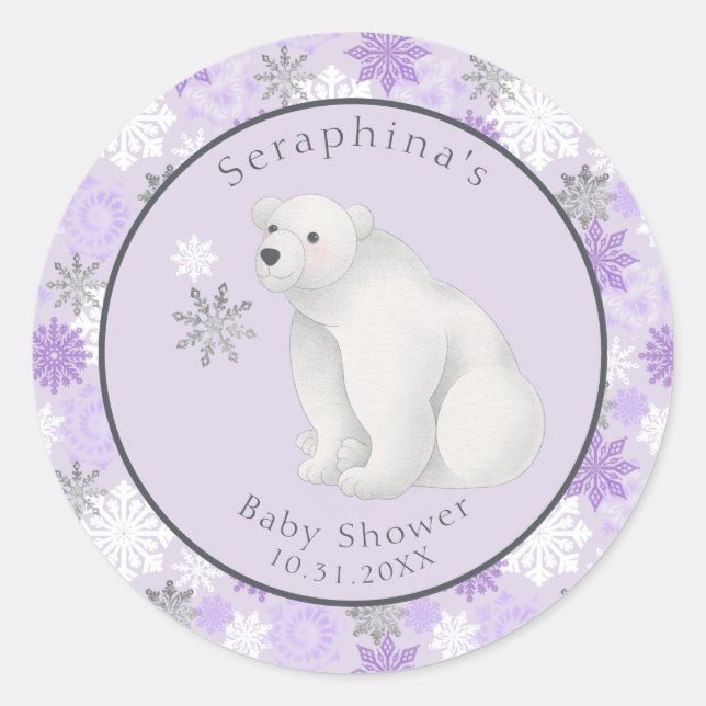 Sticker Rond Baby shower d'ours polaire violet d'hiver (Devant)