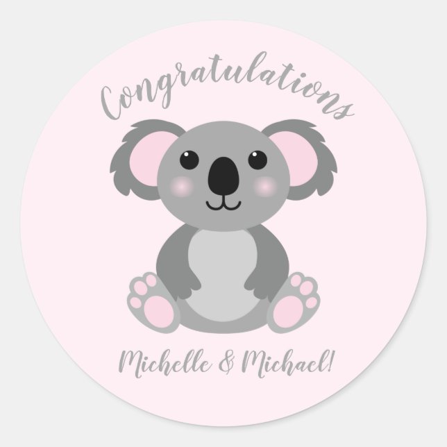 Sticker Rond Baby shower d'ours rose Koala (Devant)