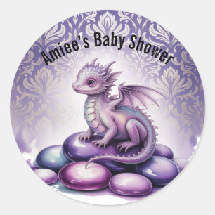 Sticker Rond Baby Shower Dragon Magique Violet