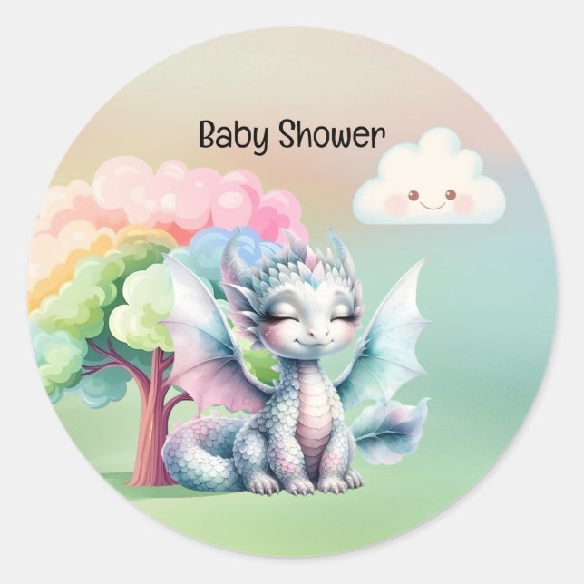 Sticker Rond Baby shower du Dragon Cute Pastel (Devant)