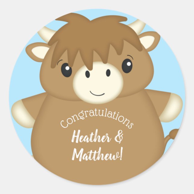Sticker Rond Baby shower écossais de vache Highland Blue (Devant)