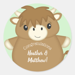 Sticker Rond Baby shower écossais Highland Cow