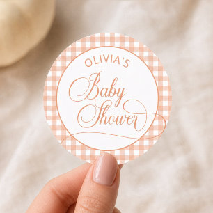 Sticker Rond Baby-Shower Élégant à Carreaux Orange