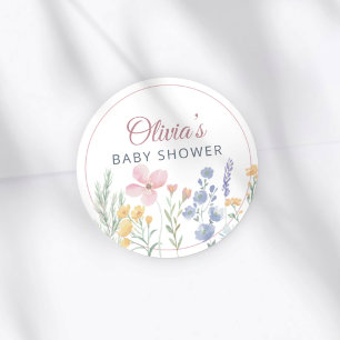 Sticker Rond Baby-Shower Élégant aux Fleurs Roses
