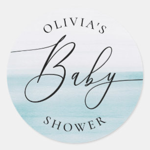 Sticker Rond Baby-Shower Élégant Neutre   Aquarelle Bleue Douce