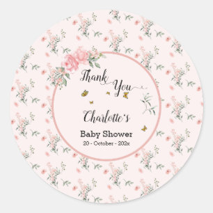 Sticker Rond Baby Shower Élégant Roses Roses avec Papillons