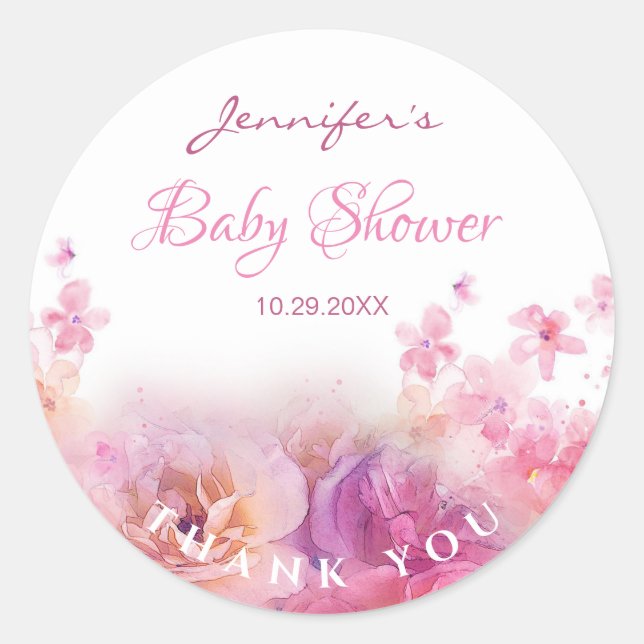 Sticker Rond Baby shower Élégant Script Aquarelle Fleurs Rose (Devant)
