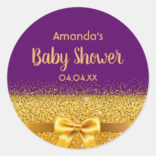 Sticker Rond Baby shower élégant violet violet pourpre avec arc (Devant)