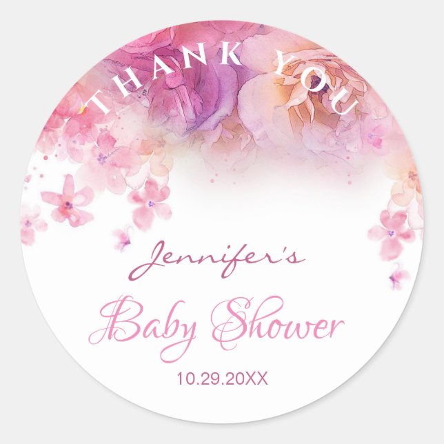 Sticker Rond Baby shower Elégante aquarelle Art Fleurs Roses (Devant)