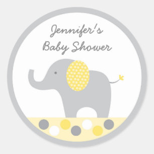Sticker Rond Baby shower éléphant à point de Polka jaune