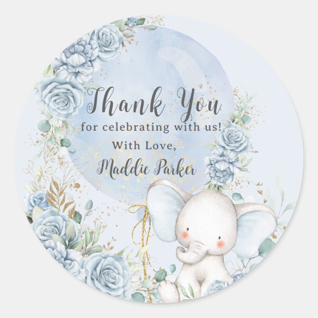 Sticker Rond Baby shower éléphant bleu bleu doux à bulle (Devant)