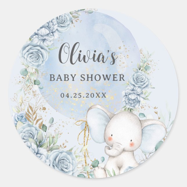Sticker Rond Baby shower éléphant bleu bleu doux à bulle (Devant)