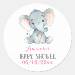Sticker Rond Baby Shower Eléphant Fille Rose et Gris