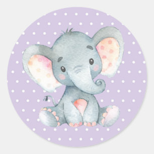 Sticker Rond Baby shower Eléphant Fille Violet