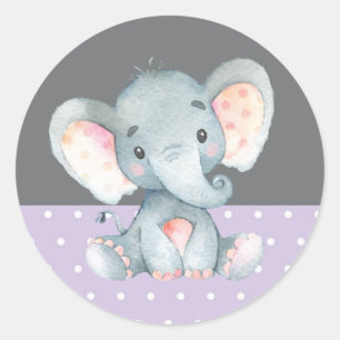 Sticker Rond Baby shower Eléphant fille violet et gris