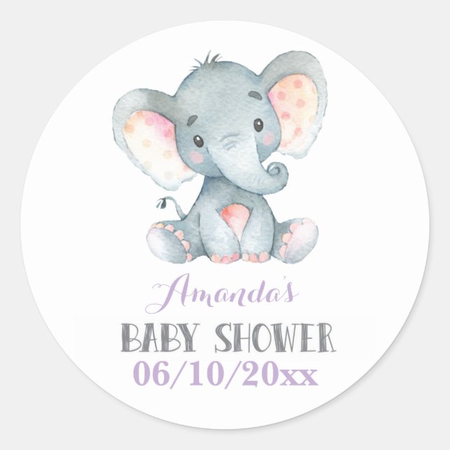 Sticker Rond Baby shower Eléphant fille violet et gris (Devant)
