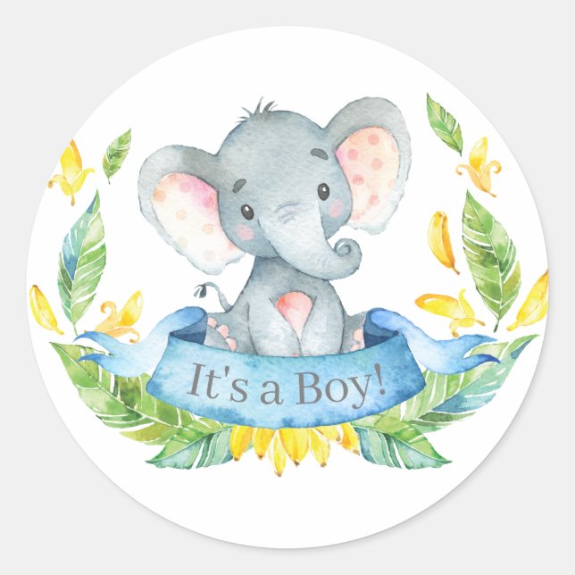 Sticker Rond Baby Shower Éléphant Garçon Bleu (Devant)